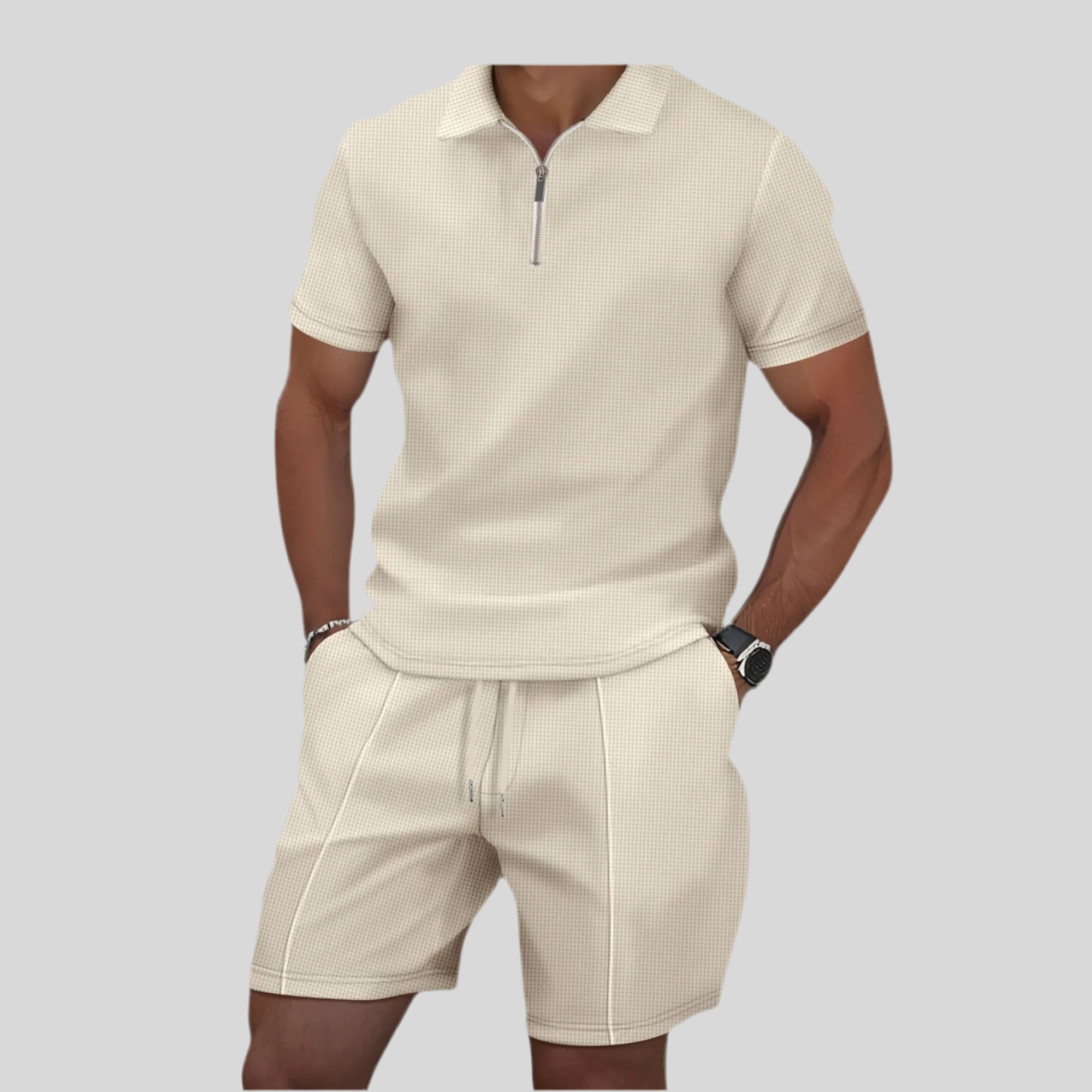 Men's Summer Waffle 2-Piece Set with Zip & Lapel