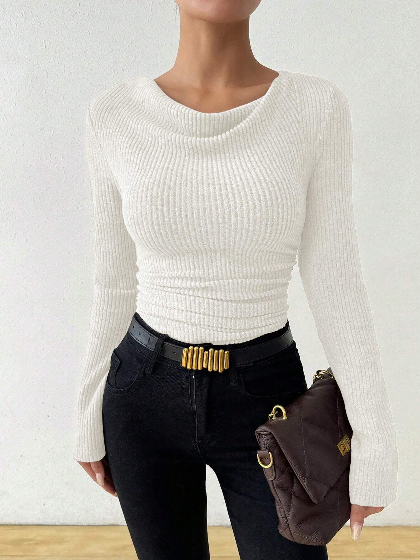 Women's Vintage T-shirt – Asymmetrical Collar & Long Sleeves Slim Fit