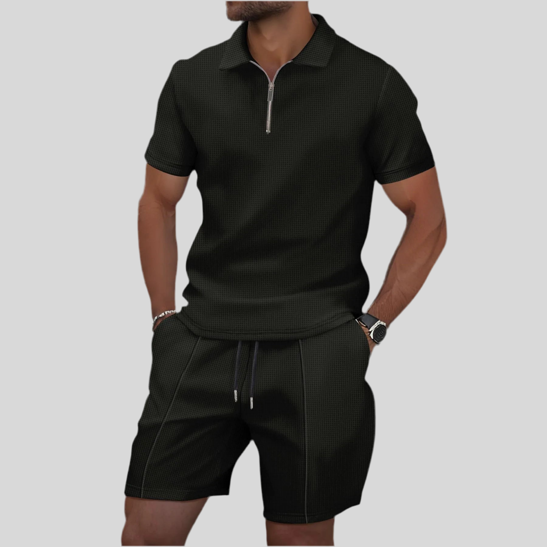 Men's Summer Waffle 2-Piece Set with Zip & Lapel