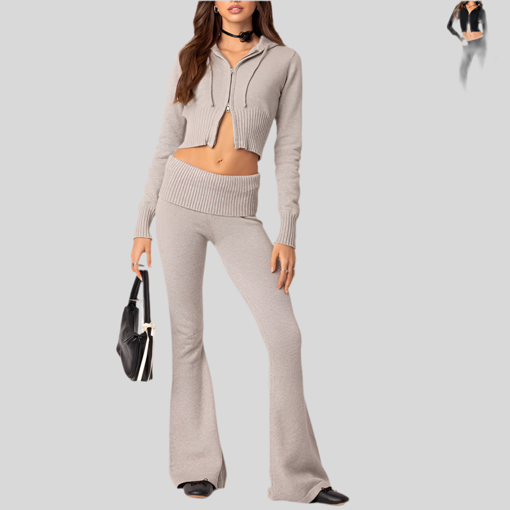 Women's Knitted Set – Zip-Up Hooded Top & Flared Pants