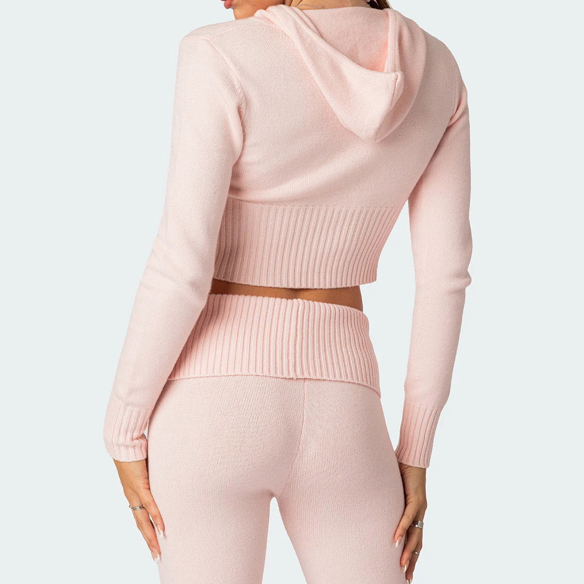 Women's Knitted Set – Zip-Up Hooded Top & Flared Pants