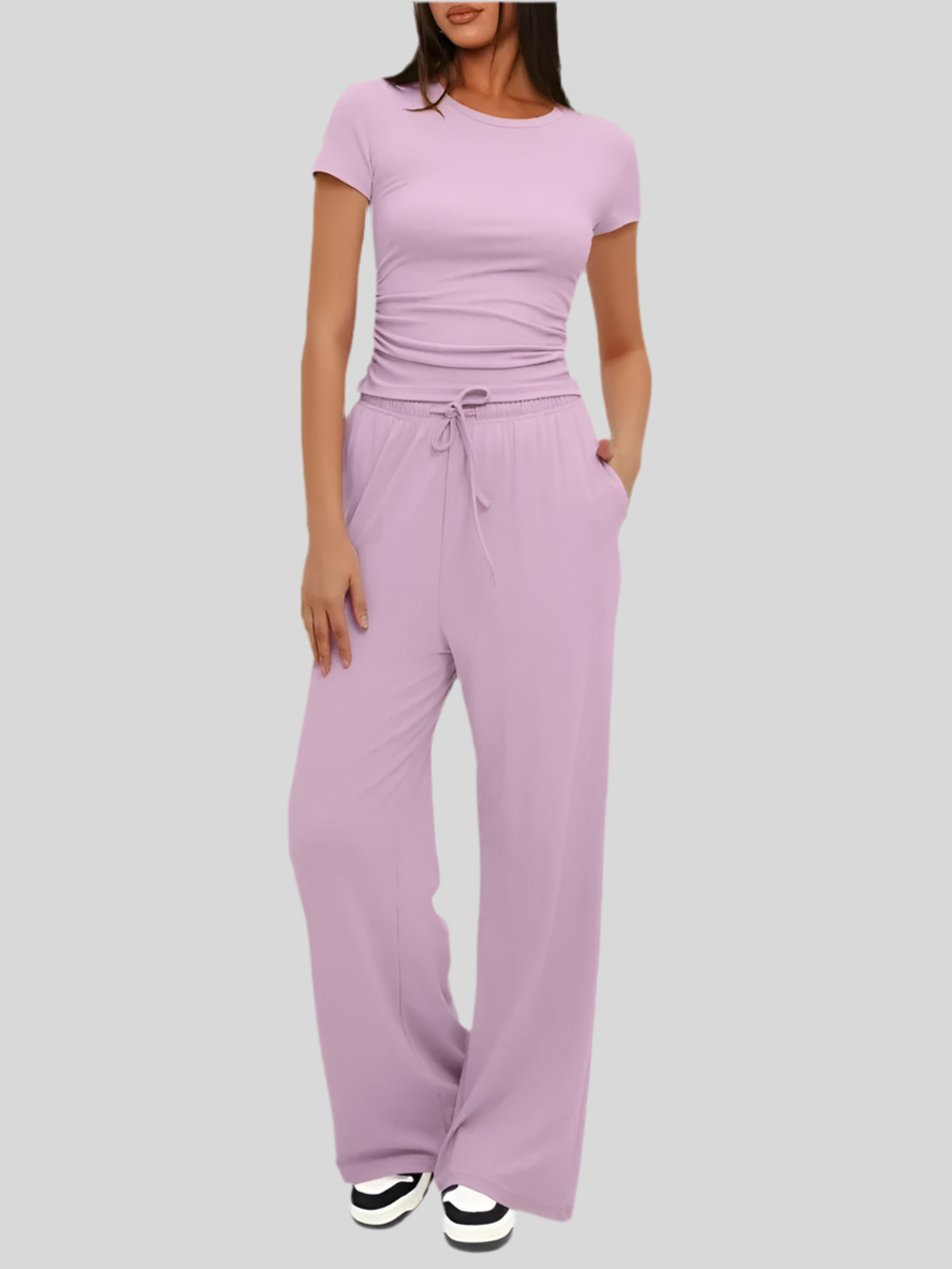 Women's Fashion 2-Piece Set – Pleated Top and Sport Pants