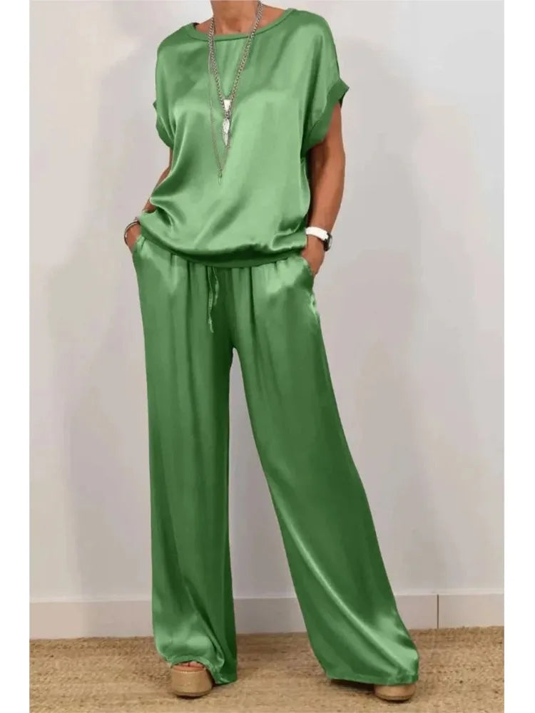 Women's Summer Satin Set – T-shirt and Wide Leg Pants