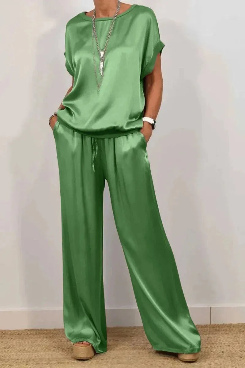 Women's Summer Satin Set – T-shirt and Wide Leg Pants