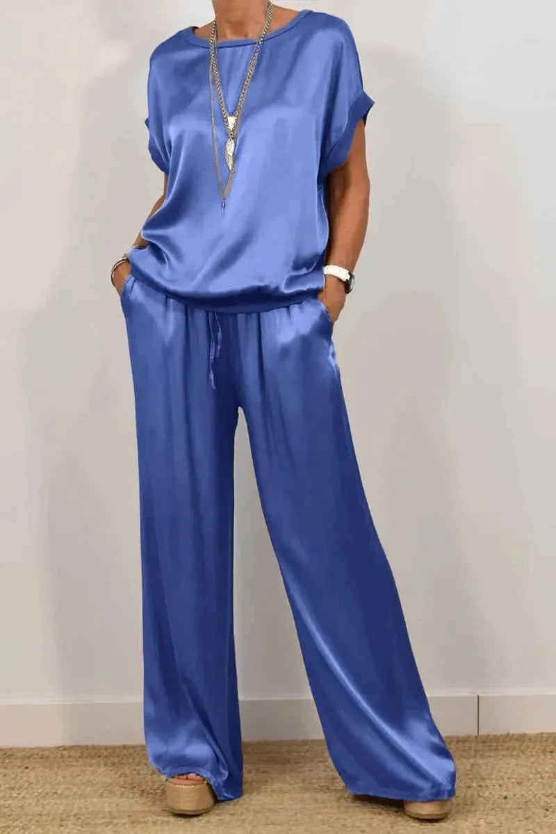 Women's Summer Satin Set – T-shirt and Wide Leg Pants