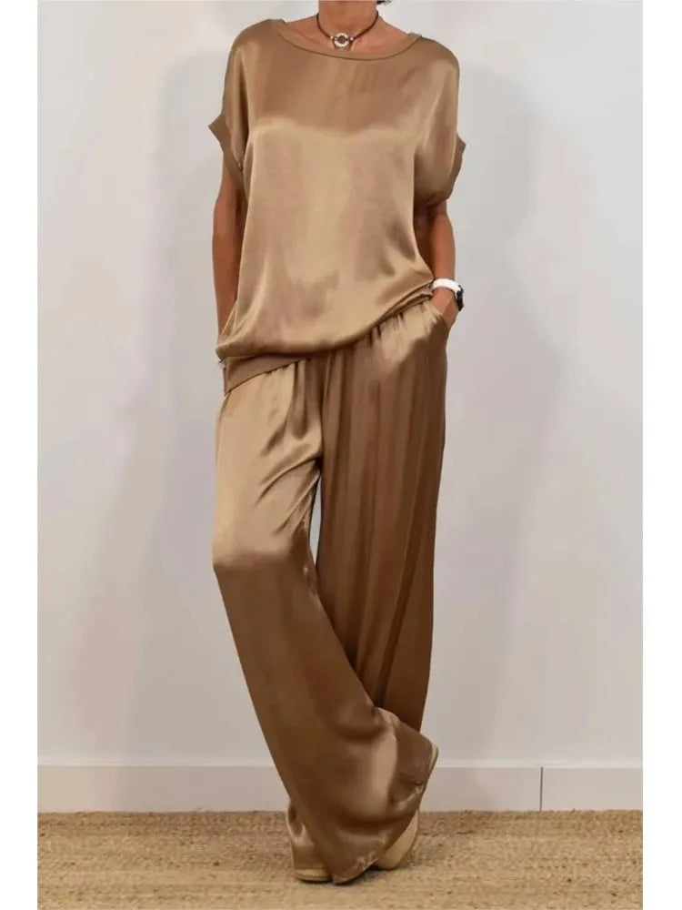 Women's Summer Satin Set – T-shirt and Wide Leg Pants
