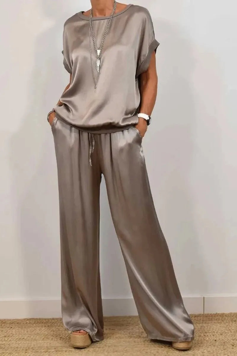 Women's Summer Satin Set – T-shirt and Wide Leg Pants