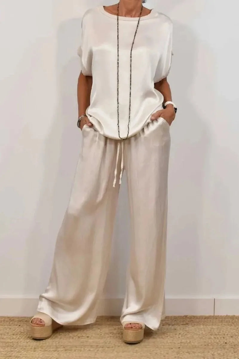 Women's Summer Satin Set – T-shirt and Wide Leg Pants