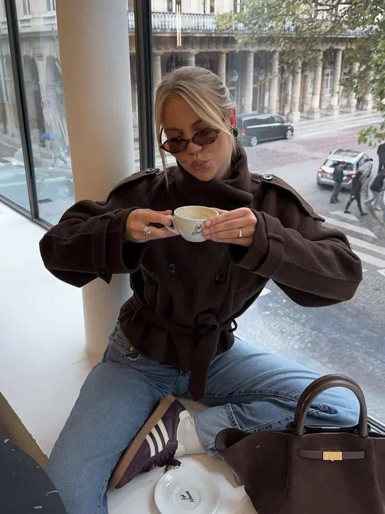 Women's Stand Collar Woolen Short Coat Double-breasted Commuter Jackets Lace Up Fashion Autumn 2025 Chic Style Lady Outerwears