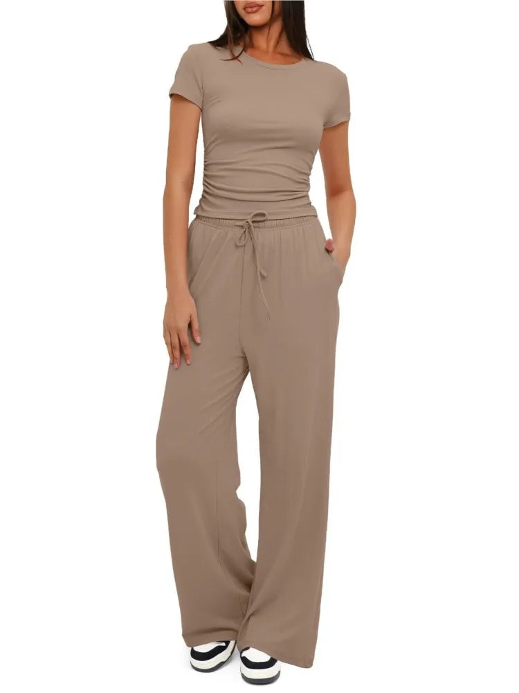 Women's Fashion 2-Piece Set – Pleated Top and Sport Pants