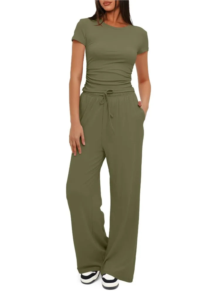 Women's Fashion 2-Piece Set – Pleated Top and Sport Pants