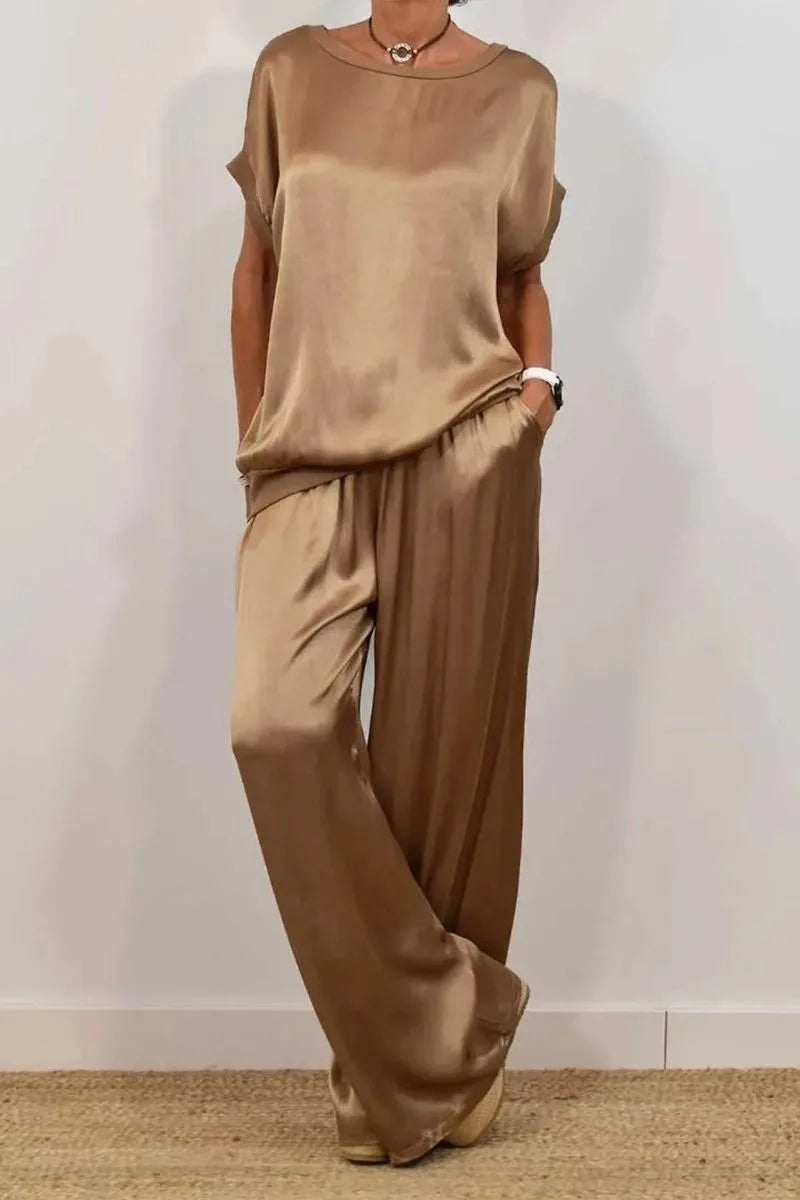 Women's Summer Satin Set – T-shirt and Wide Leg Pants