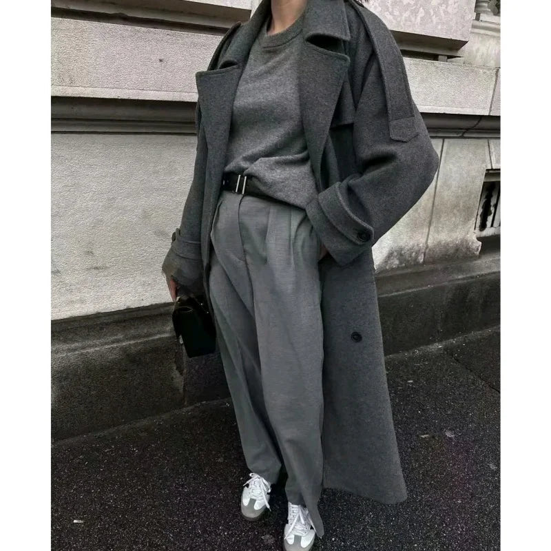 Autumn New Arrival Women's Retro Sle Long Sve Turn-down Collar Double-breasted Coat with Belt Woolen Coat Outerwear