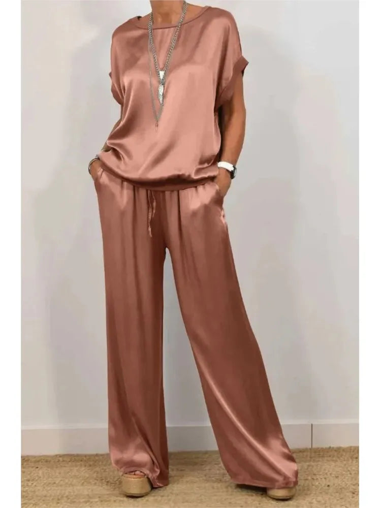 Women's Summer Satin Set – T-shirt and Wide Leg Pants