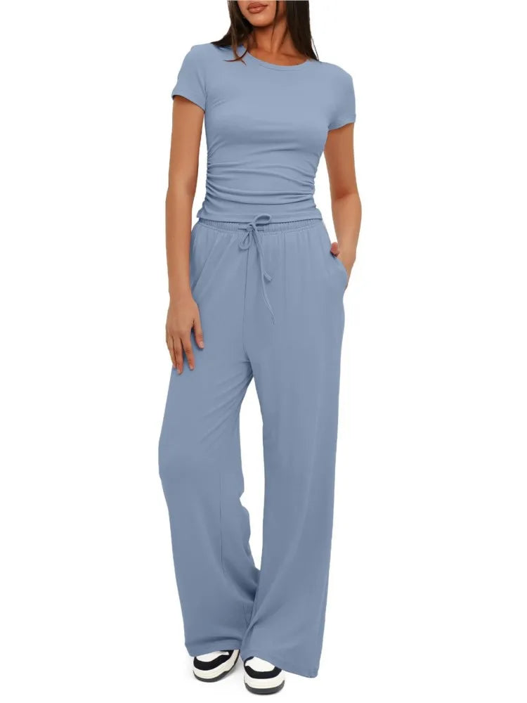 Women's Fashion 2-Piece Set – Pleated Top and Sport Pants