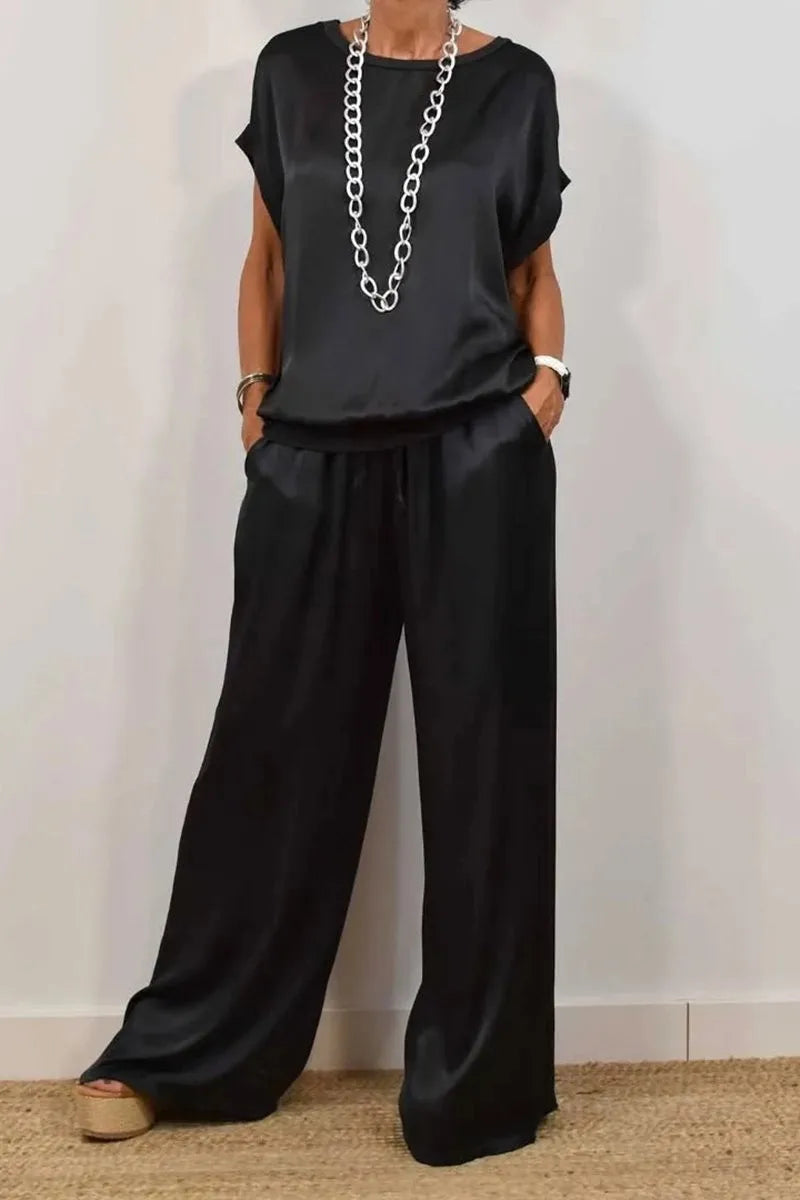 Women's Summer Satin Set – T-shirt and Wide Leg Pants
