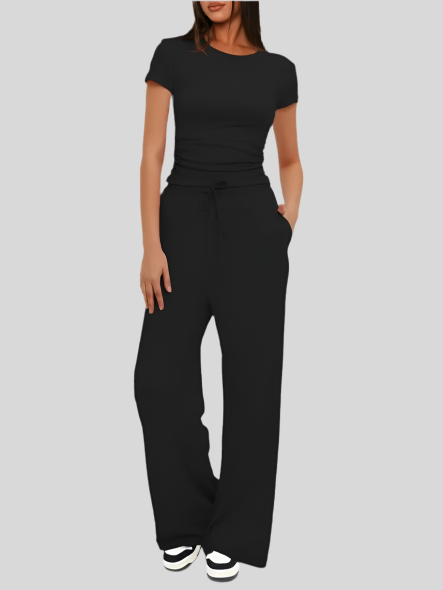 Women's Fashion 2-Piece Set – Pleated Top and Sport Pants