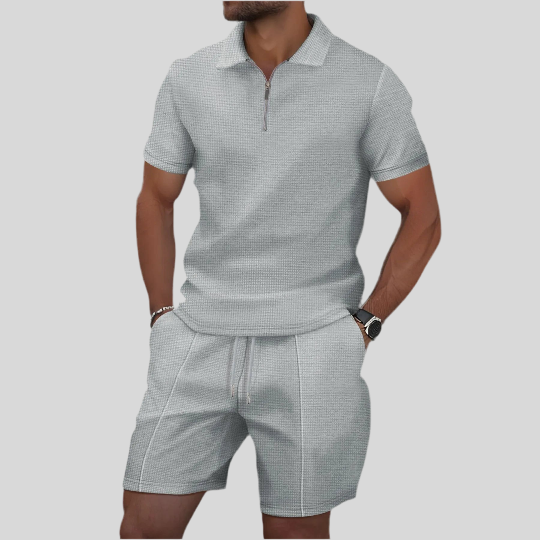 Men's Summer Waffle 2-Piece Set with Zip & Lapel