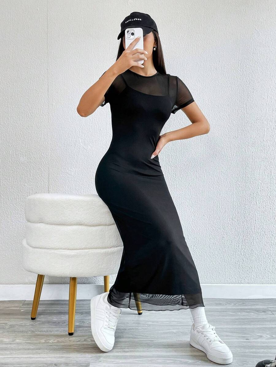 Maxi Pencil Dress with Contrasting Tulle