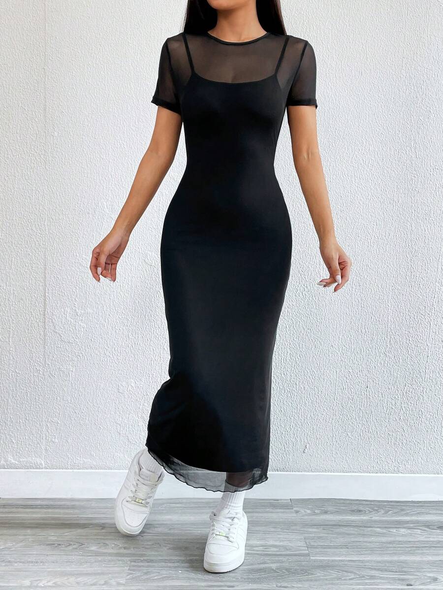 Maxi Pencil Dress with Contrasting Tulle