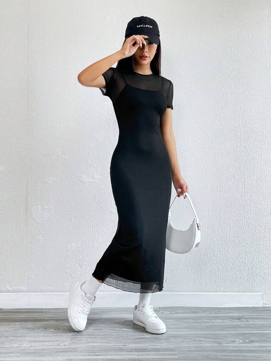 Maxi Pencil Dress with Contrasting Tulle