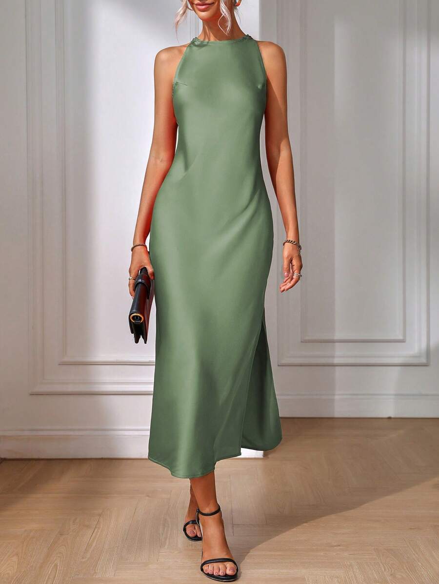 Elegant Green Silk Maxi Dress with Slit
