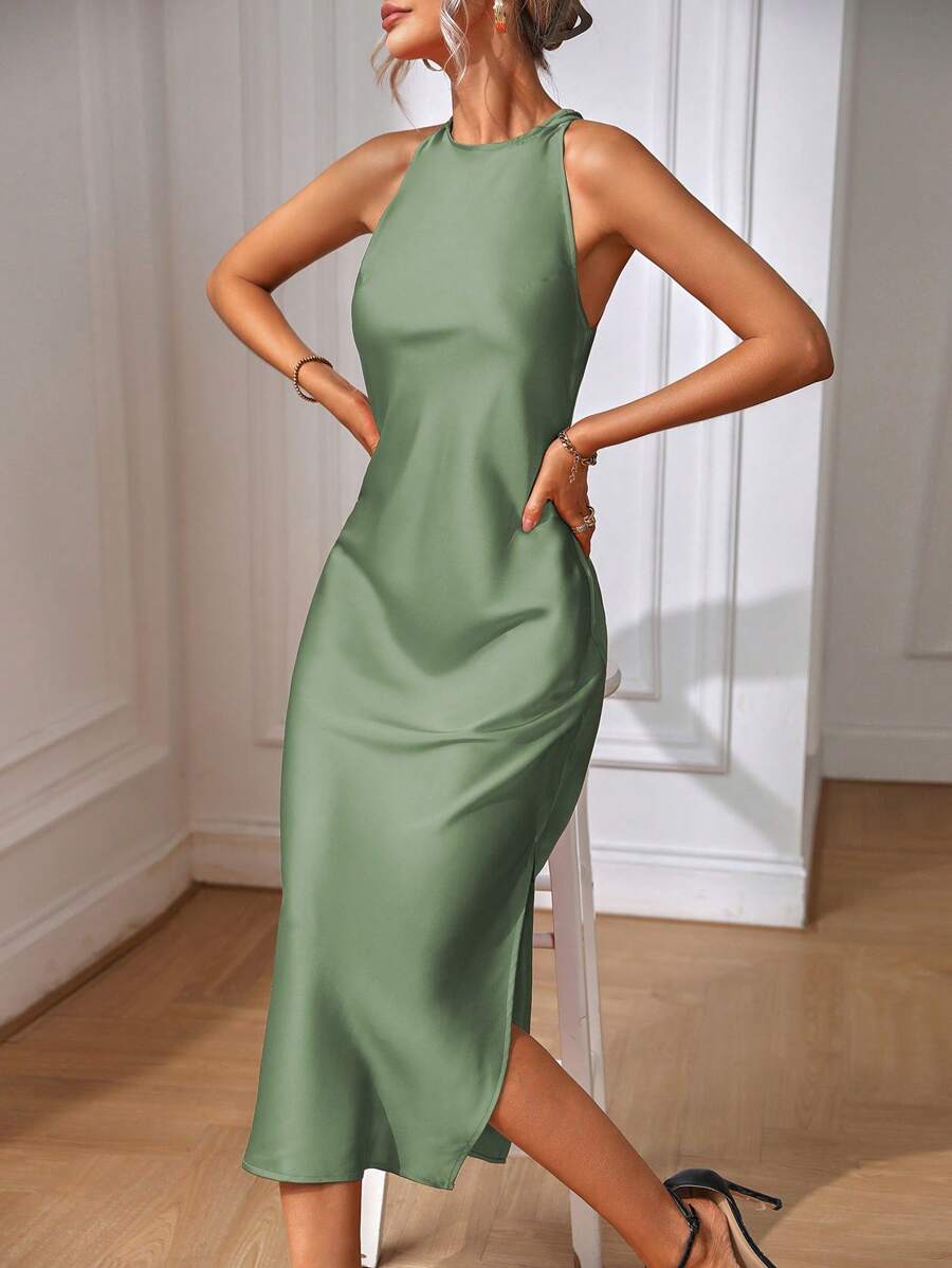 Elegant Green Silk Maxi Dress with Slit