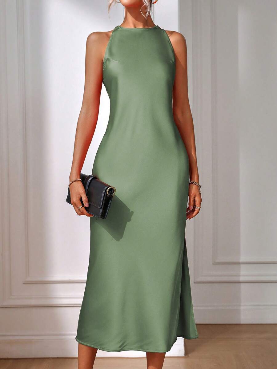 Elegant Green Silk Maxi Dress with Slit