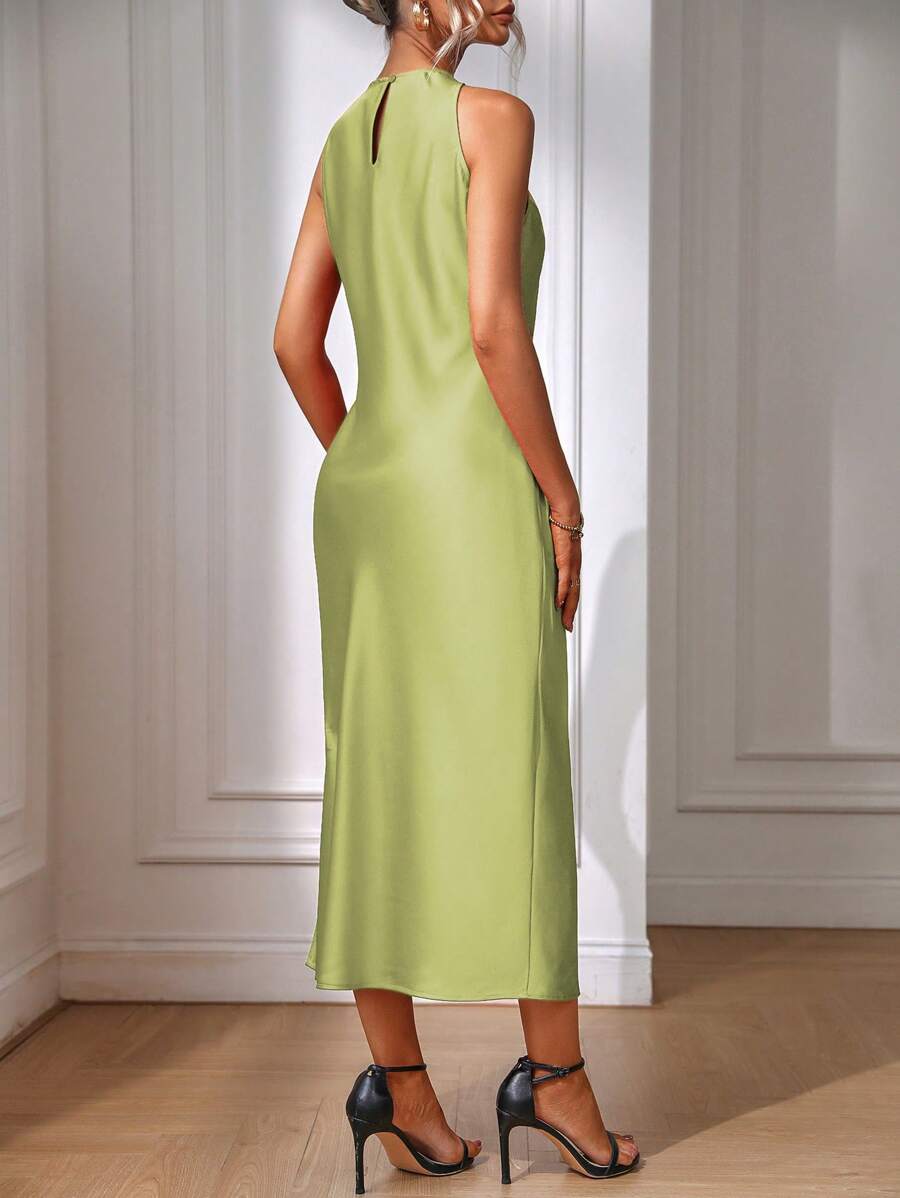 Elegant Green Silk Maxi Dress with Slit