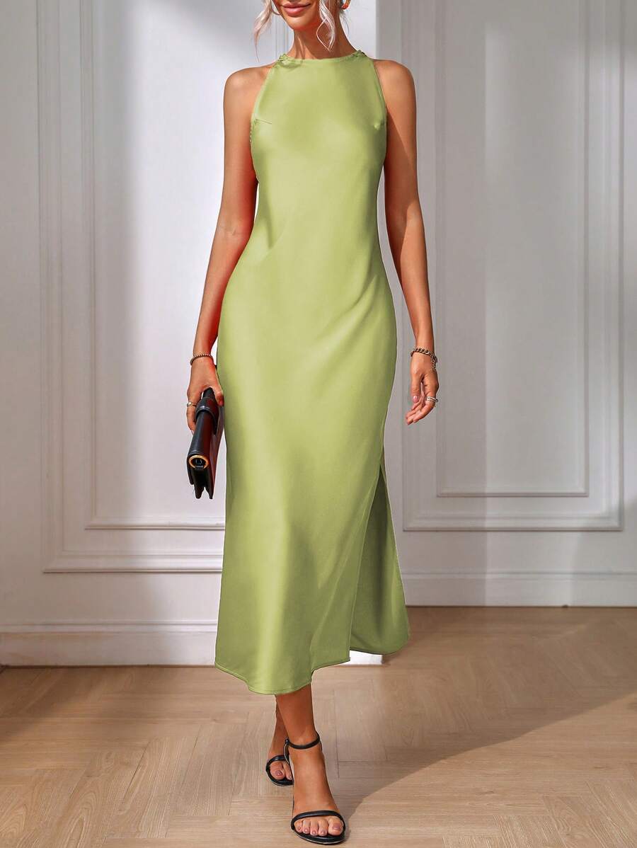 Elegant Green Silk Maxi Dress with Slit