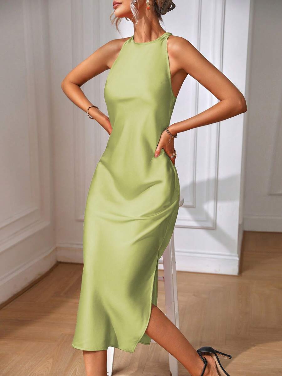 Elegant Green Silk Maxi Dress with Slit