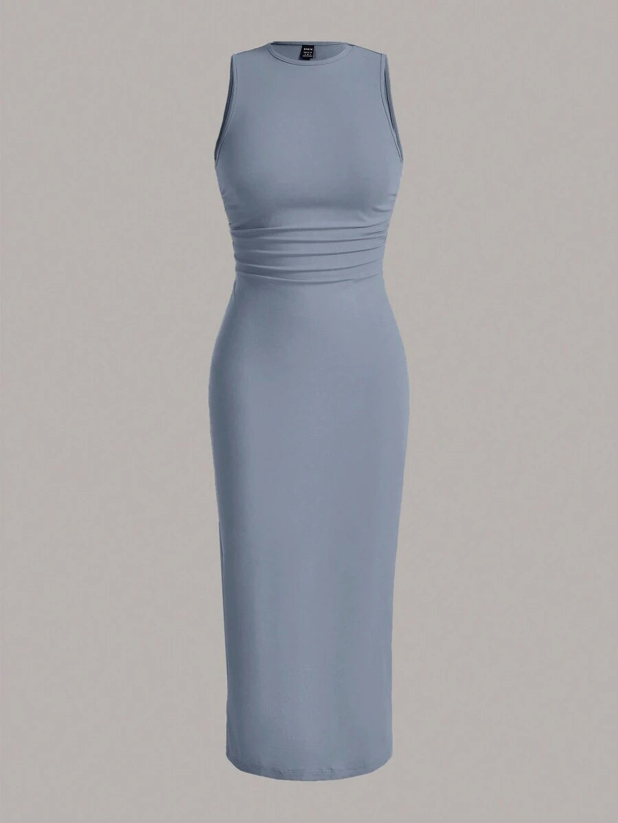 Summery plain tank dress with gathered waist