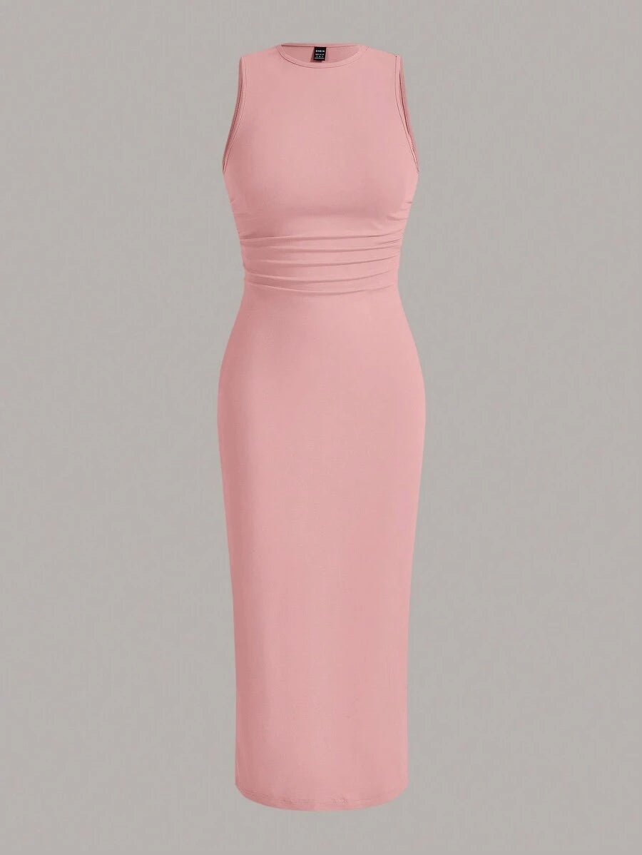 Summery plain tank dress with gathered waist