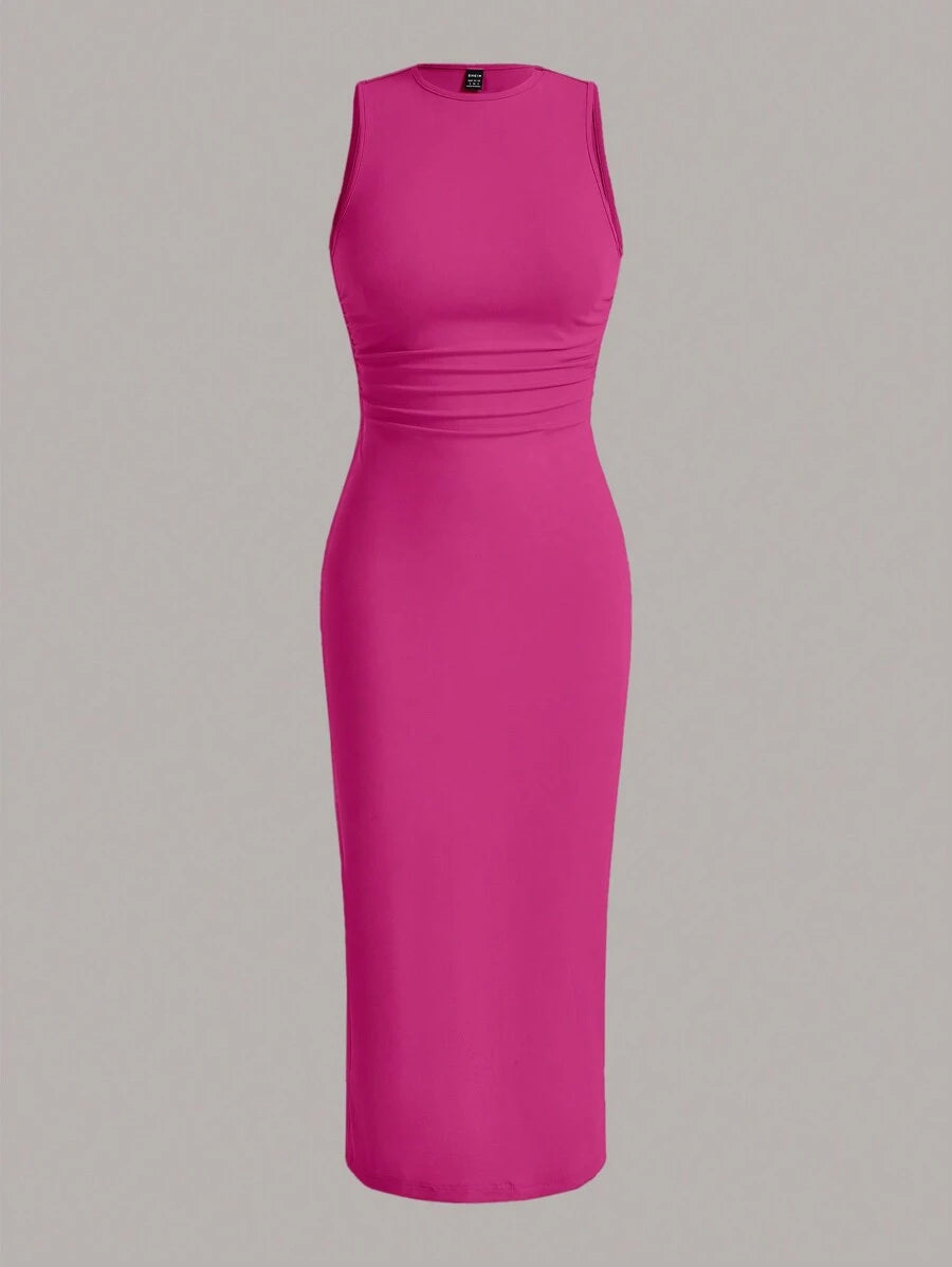 Summery plain tank dress with gathered waist