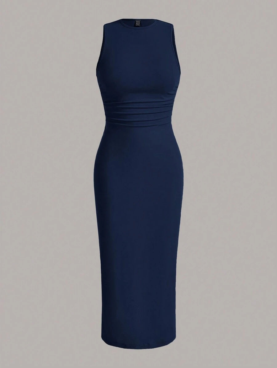 Summery plain tank dress with gathered waist