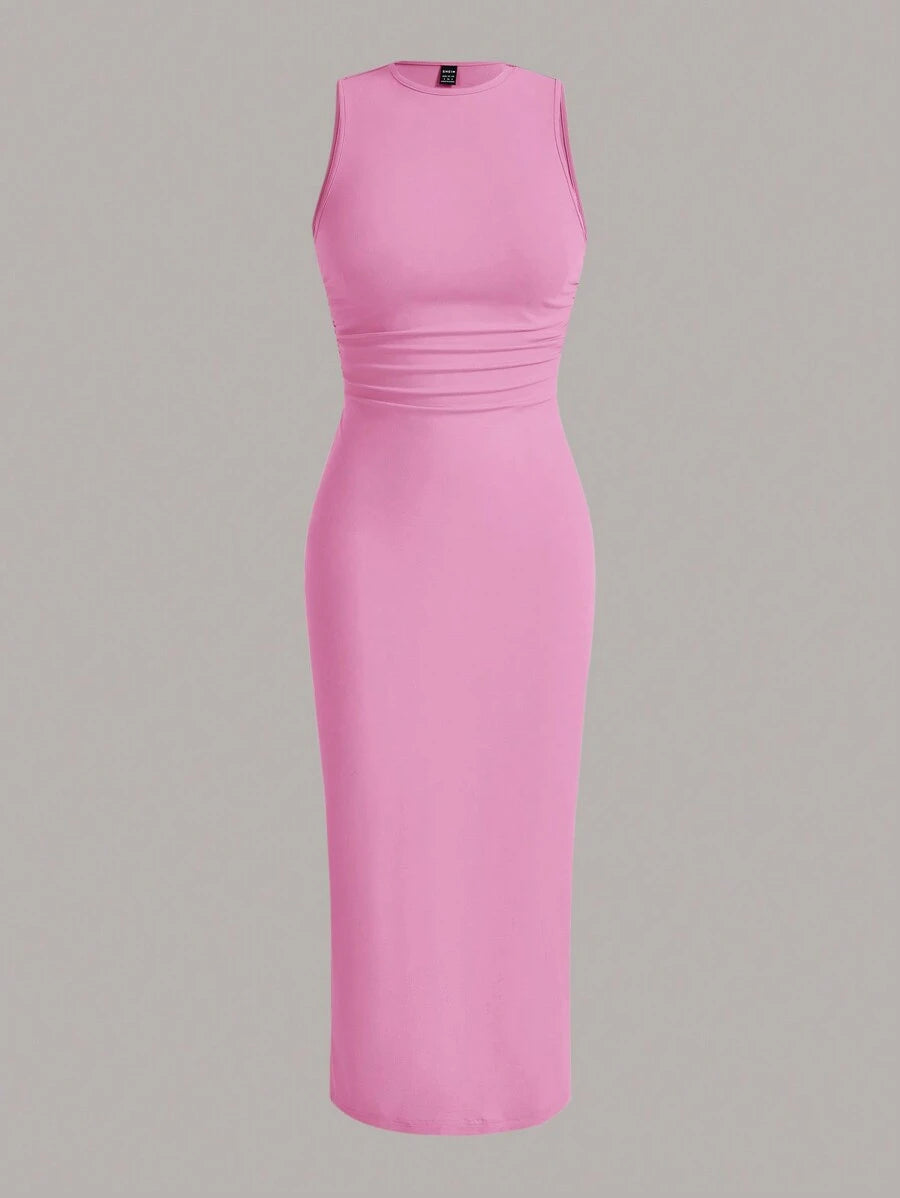 Summery plain tank dress with gathered waist