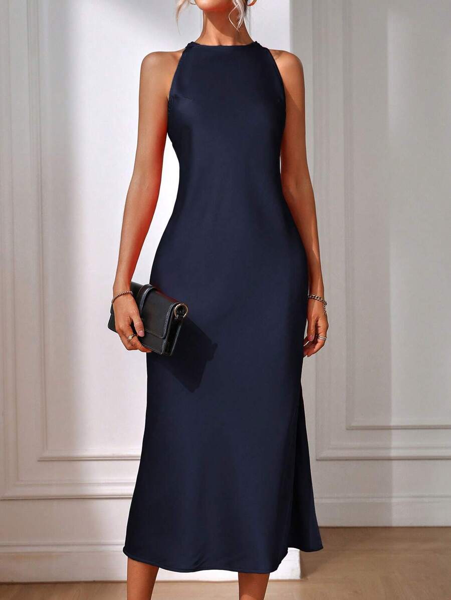 Elegant Green Silk Maxi Dress with Slit