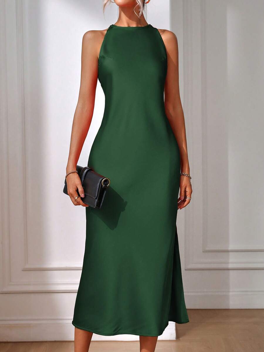 Elegant Green Silk Maxi Dress with Slit