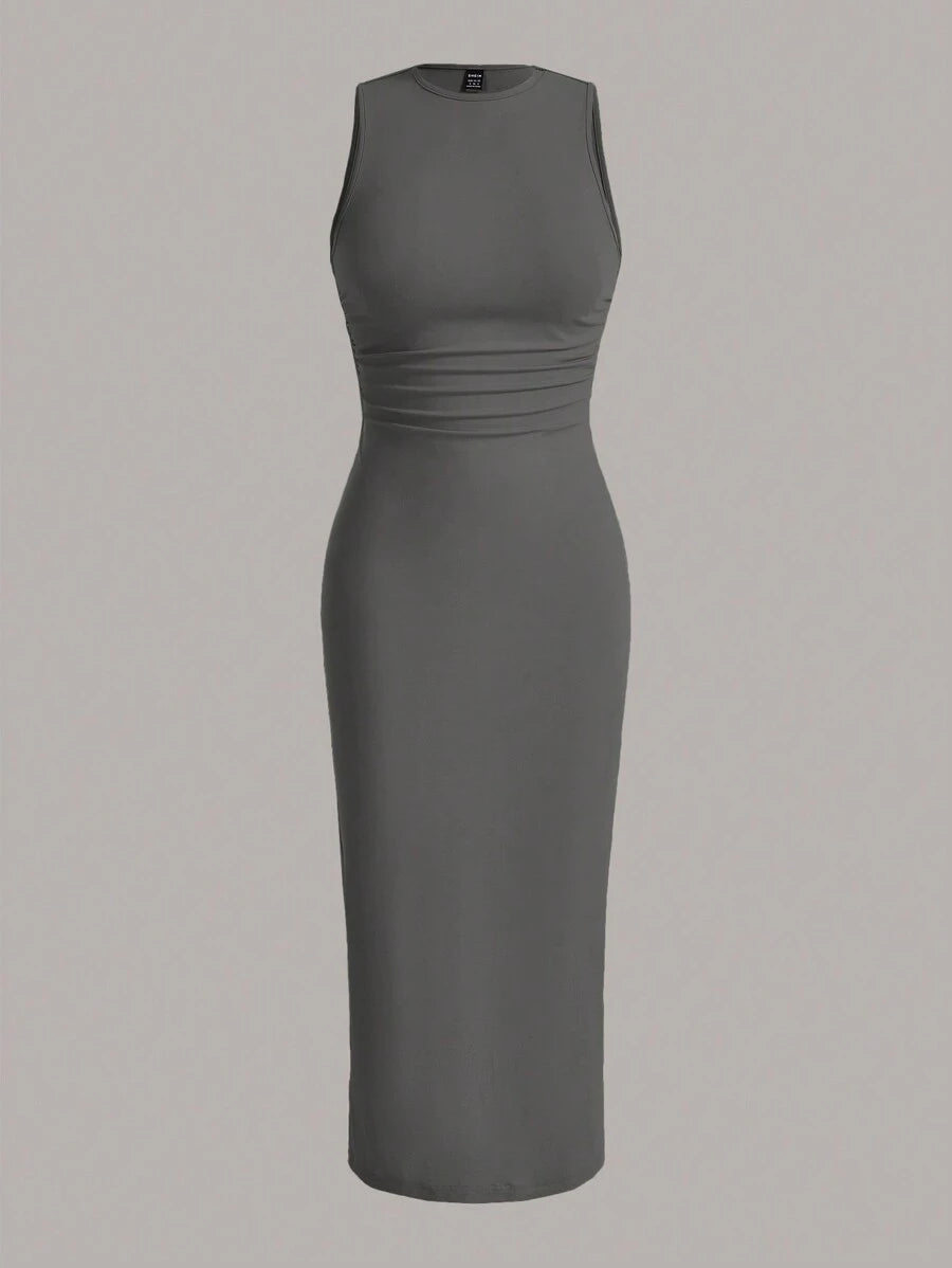 Summery plain tank dress with gathered waist