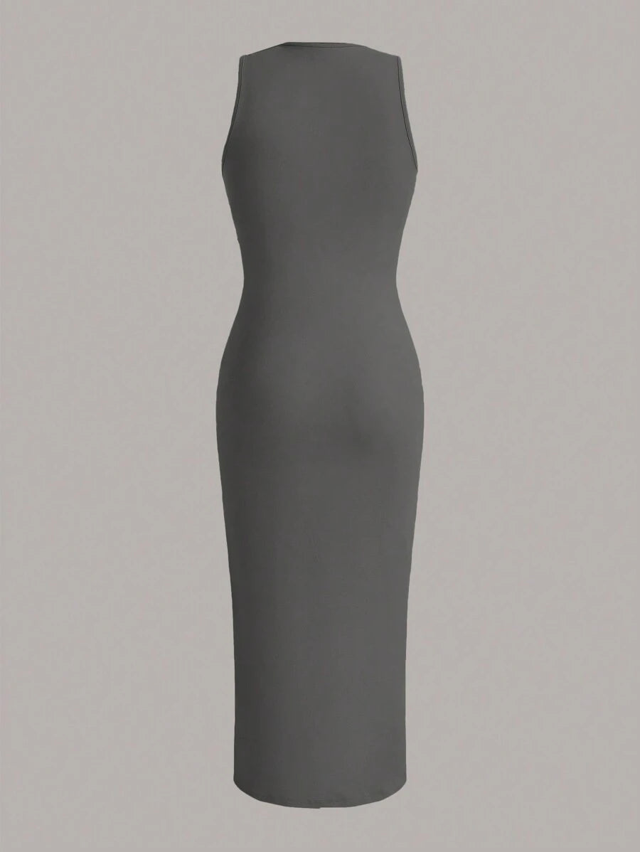 Summery plain tank dress with gathered waist