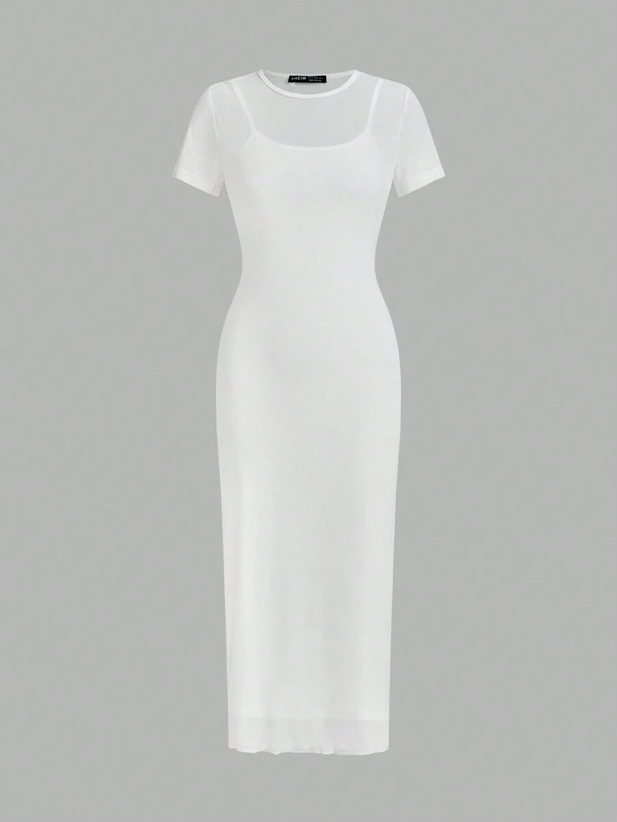 Maxi Pencil Dress with Contrasting Tulle