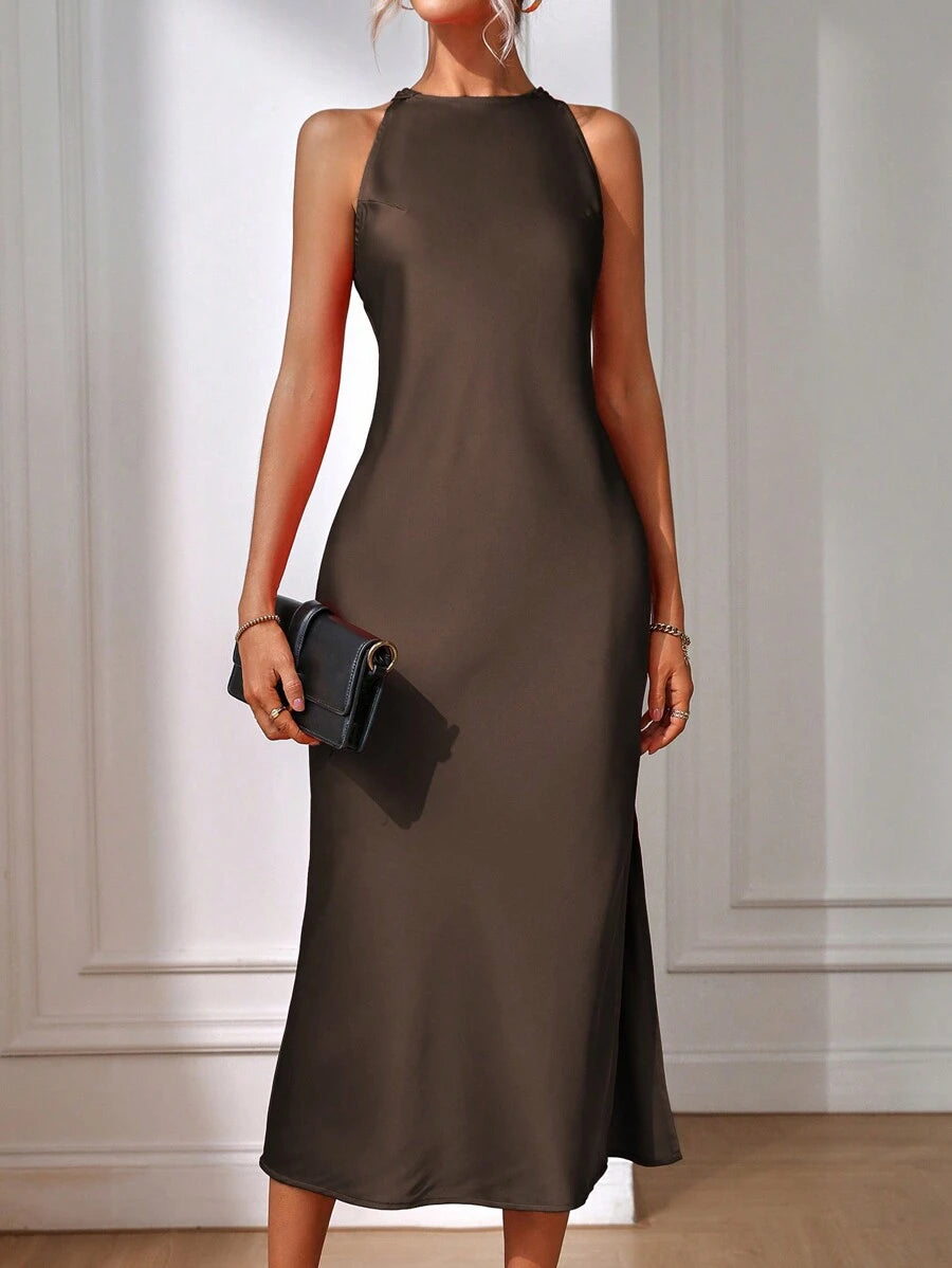 Elegant Green Silk Maxi Dress with Slit