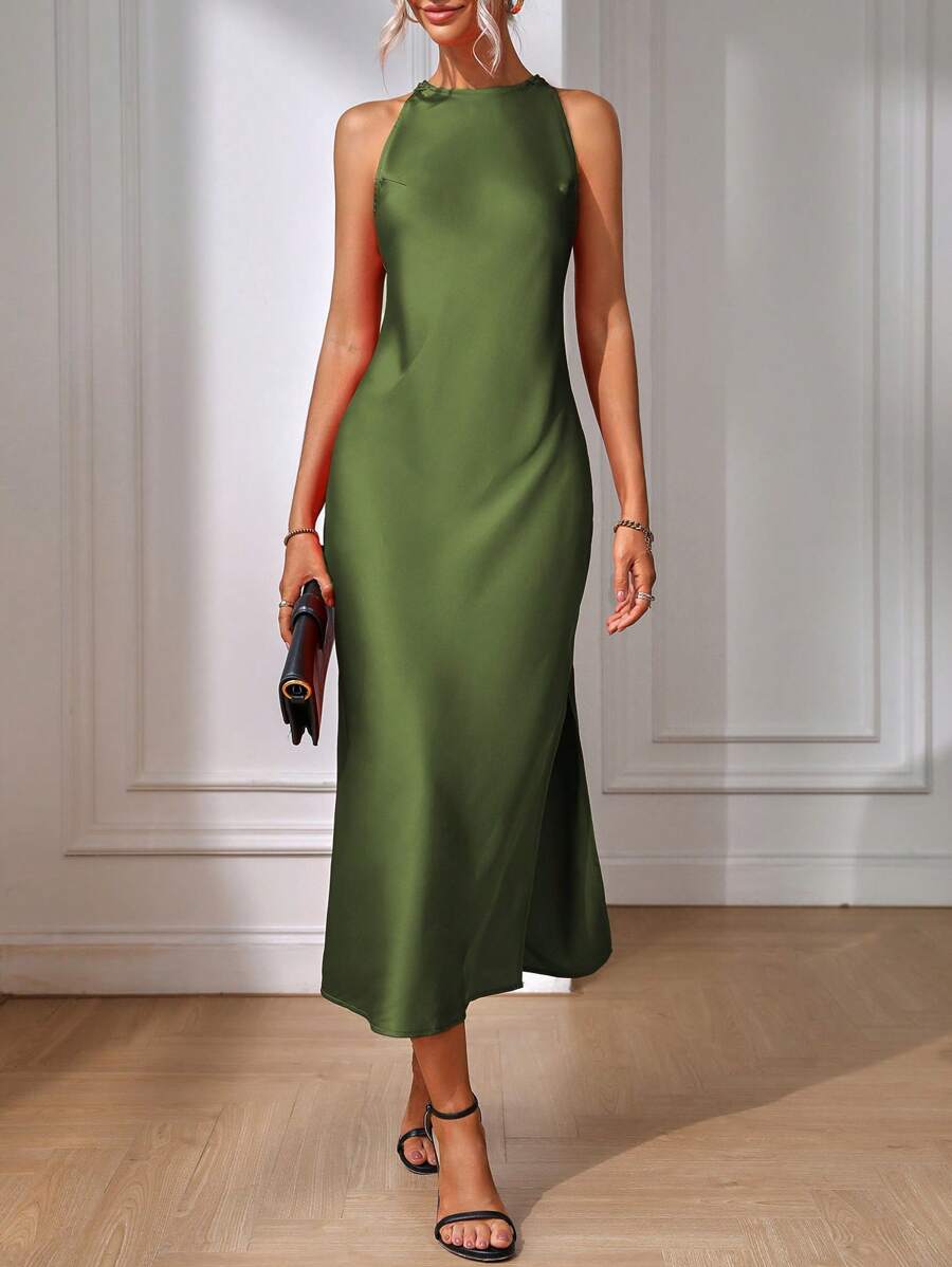 Elegant Green Silk Maxi Dress with Slit