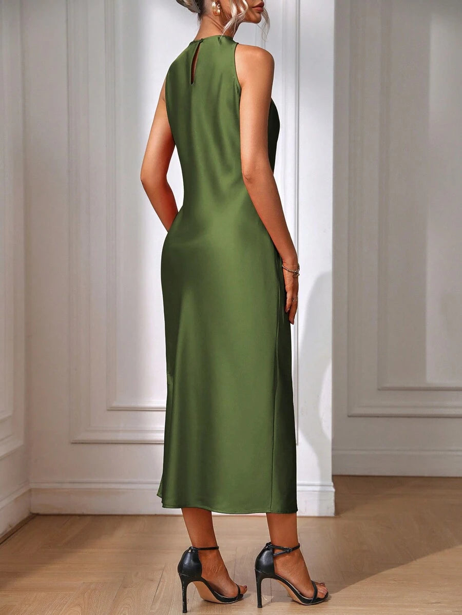 Elegant Green Silk Maxi Dress with Slit