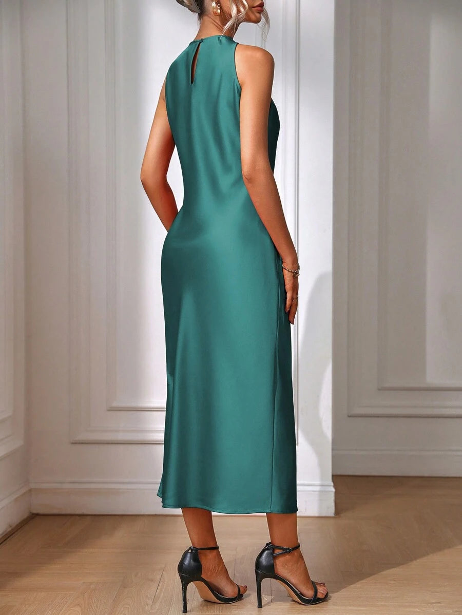 Elegant Green Silk Maxi Dress with Slit