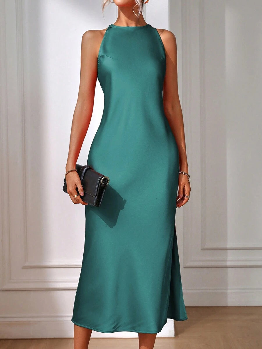 Elegant Green Silk Maxi Dress with Slit