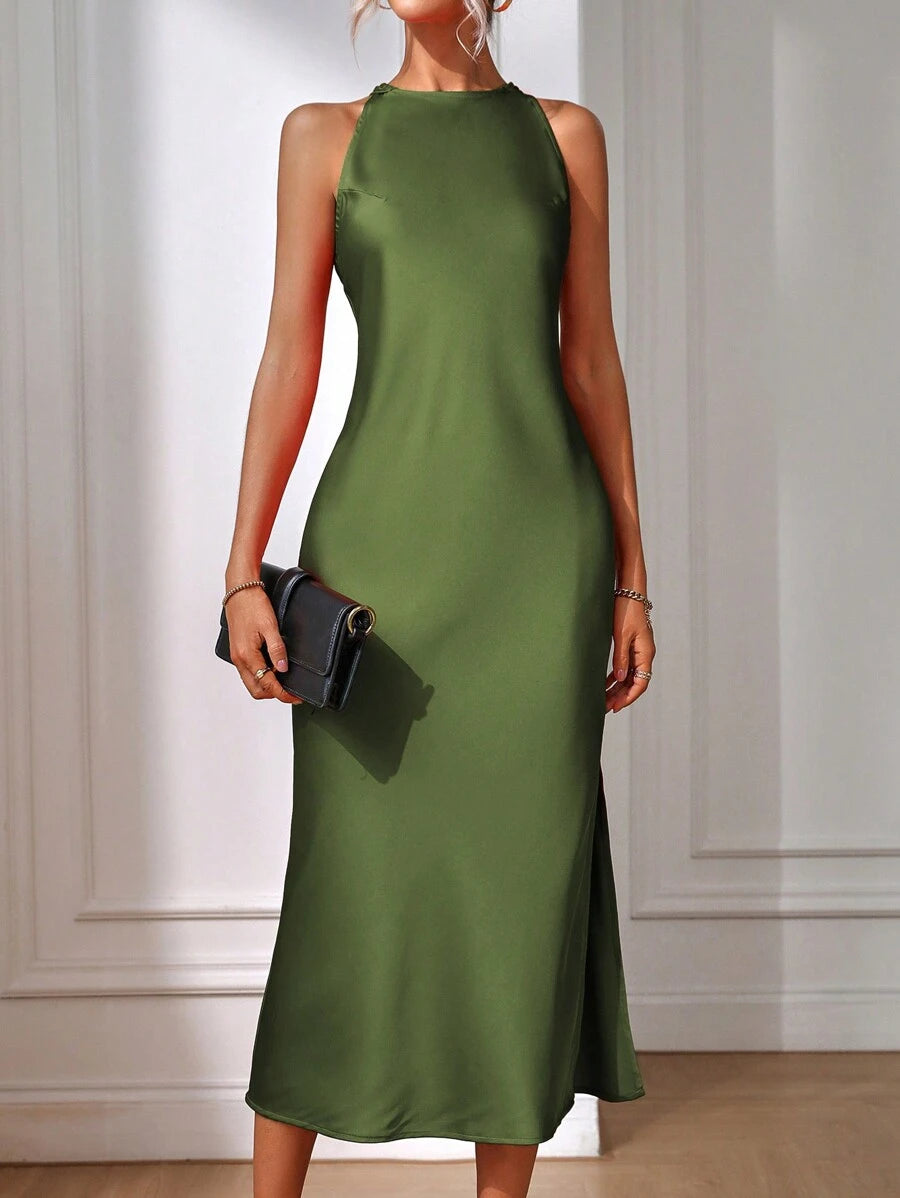 Elegant Green Silk Maxi Dress with Slit