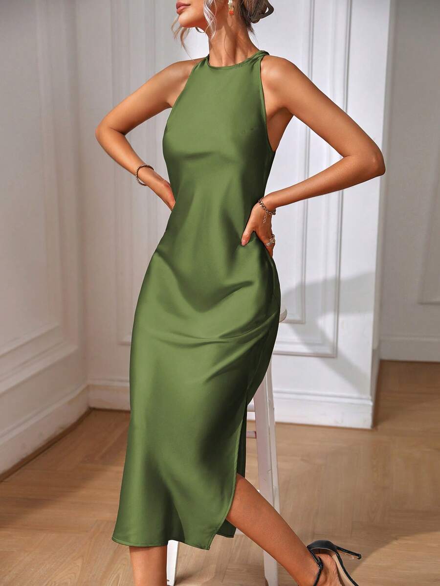 Elegant Green Silk Maxi Dress with Slit