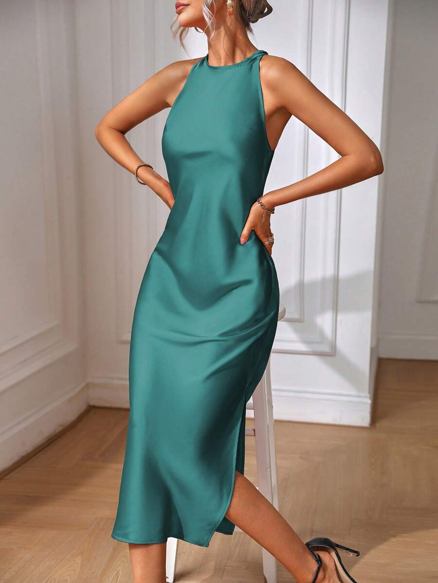 Elegant Green Silk Maxi Dress with Slit