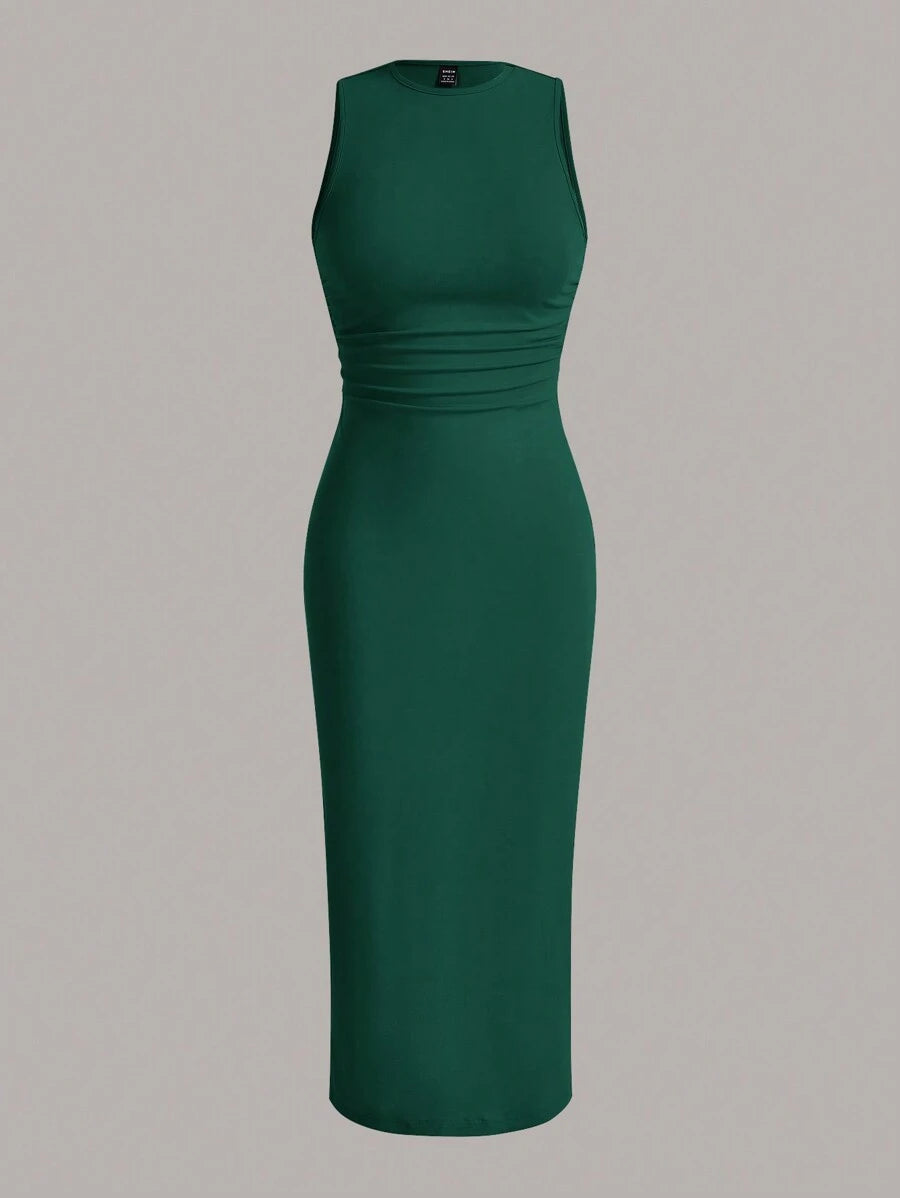 Summery plain tank dress with gathered waist